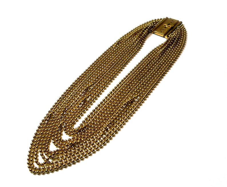 Vintage 40s Gold Tone Ball Chain Multi Strand Waterfall Necklace
