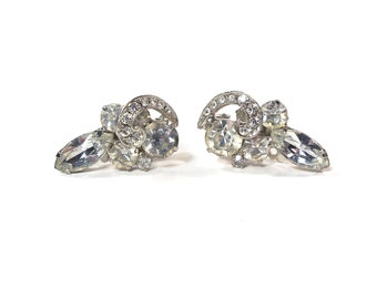 Vintage Crystal Clear Rhinestone Cocktail Party Earrings, Classic Art Deco Design. Clip on Earrings