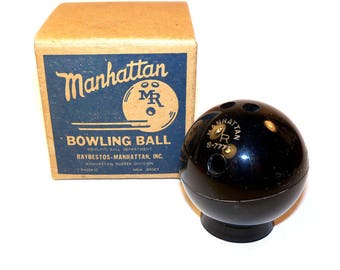 rare Vintage 50s Salesman Sample Manhattan Bowling Ball with Original Box, Miniature Bowling Bowl