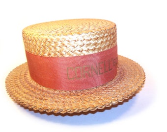 Vintage 60s 1960s Cornell University Straw Boater Skimmer Men's Hat with Ribbon and Leather Sweatband Size 6-3/4