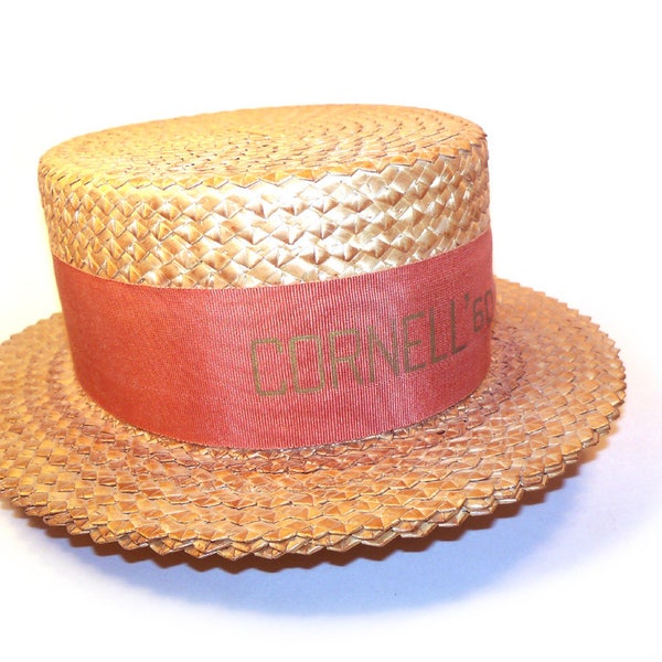 Vintage 60s 1960s Cornell University Straw Boater Skimmer Men's Hat with Ribbon and Leather Sweatband Size 6-3/4