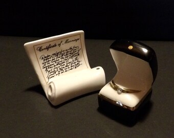 Wedding Salt and Pepper Shakers. Ring Box with Certificate of Marriage