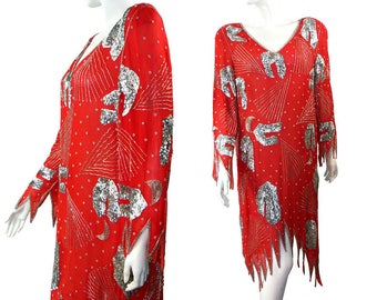 Fiery Vintage 80s Red Hot Silk Party Dress, Silver Sequins & Glass Beads Flame Hem Cocktail Dress