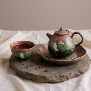 Vintage Chinese Ceramic Teapot | Unique Kiln Glazed Porcelain Tea Kettle | Elegant Crane Art Oolong Tea Pot for Gongfu Tea Ceremony