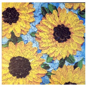 May include: A close-up of a painting of three sunflowers with yellow petals and dark brown centers. The sunflowers are painted on a blue and green background.