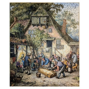 May include: A watercolor painting depicting a group of people gathered around a wooden coffin in a village setting. The scene is set in front of a pink and white house with a ladder leaning against the side. The people are dressed in traditional clothing and appear to be participating in a funeral procession.