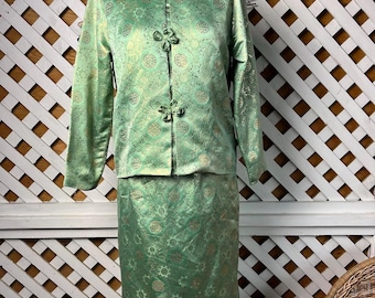 Ensemble jupe et veste asiatique Mandarin Brocart oriental vert émeraude