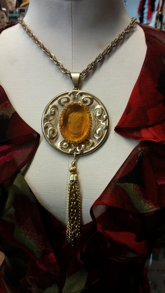 Victorian style Cameo Necklace  Amber Colored Glas