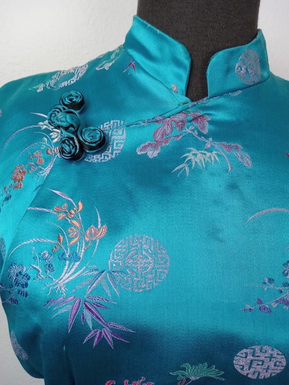 Vintage Asian Mandarin Collar Silk Satin Dress Gem