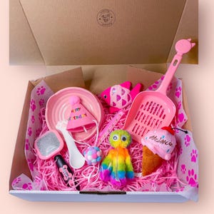 May include: Pink gift box filled with pink pet supplies, including a pink cat bowl, a pink cat scoop, a pink cat brush, a pink cat toy, a pink cat hat, and a pink cat treat. The box is filled with pink shredded paper.