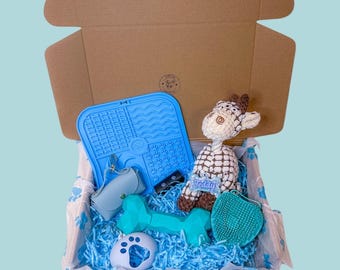 Personalised Boy Dog Gift Hamper | Puppy Gift Box with Name Tag | Dog Birthday Present | New Puppy Gift Basket | Custom Dog Toy Set