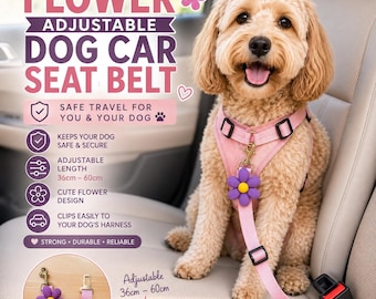Dog Seat Belt | Dog Car Restraint | Adjustable Pet Car Seat Belt | Flower Dog Seat Belt | Dog Travel Safety Harness Tether
