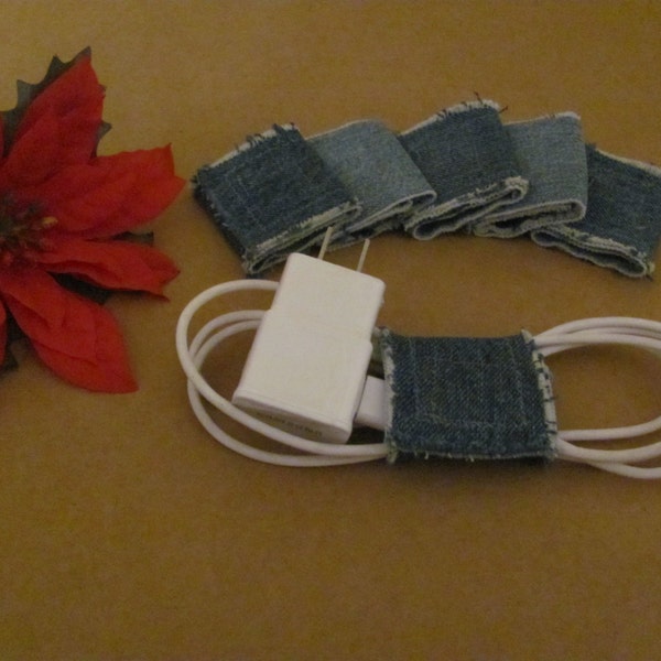 3 CABLE ORGANIZERS recycled blue jeans Cord Keeper Denim cord holder Stocking Stuffer Ear bud wrap Gadget cord ties Set of 3