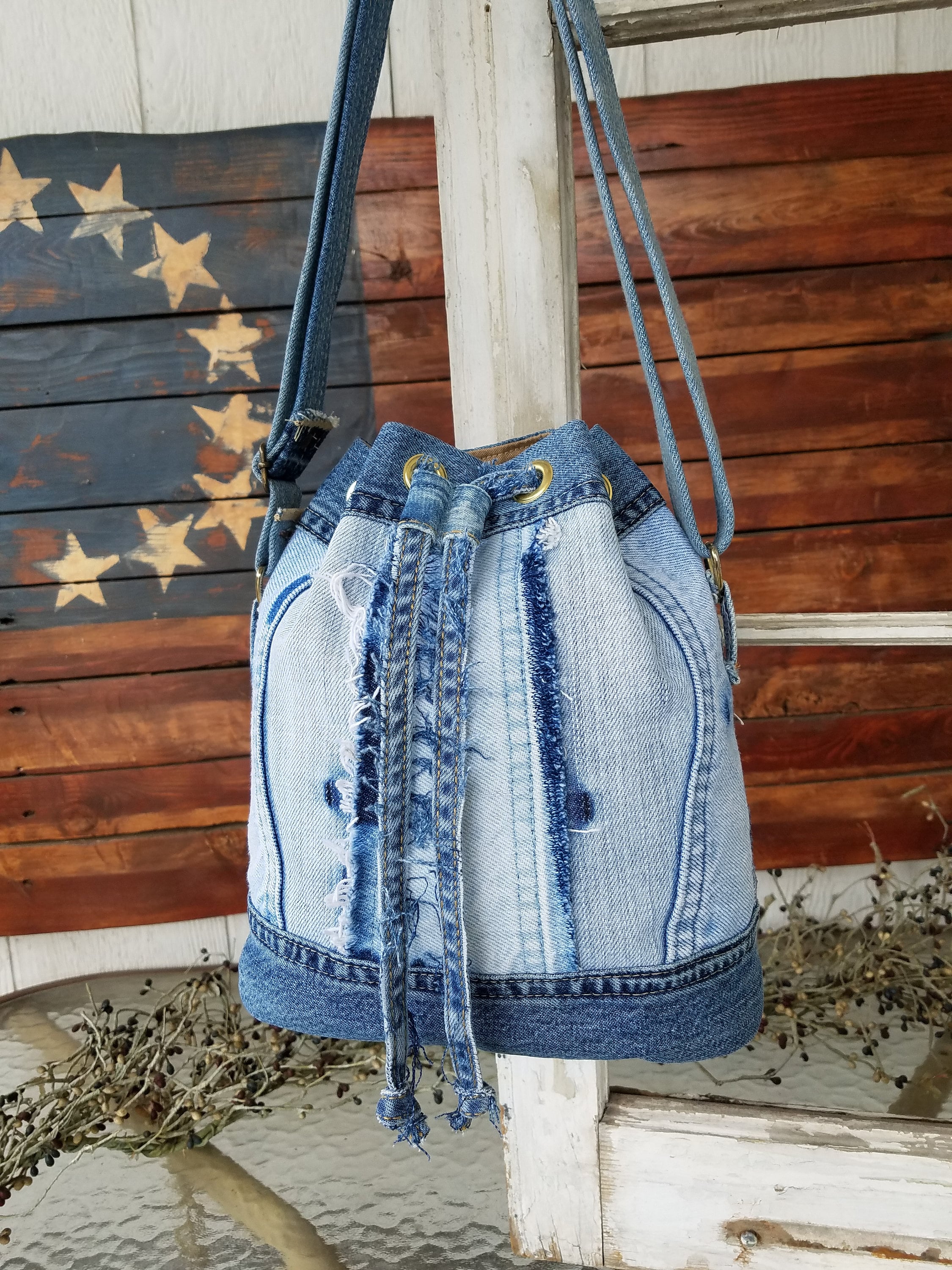 Denim Bucket Bag Blue Jean Shoulder Crossbody Purse Cinch Top
