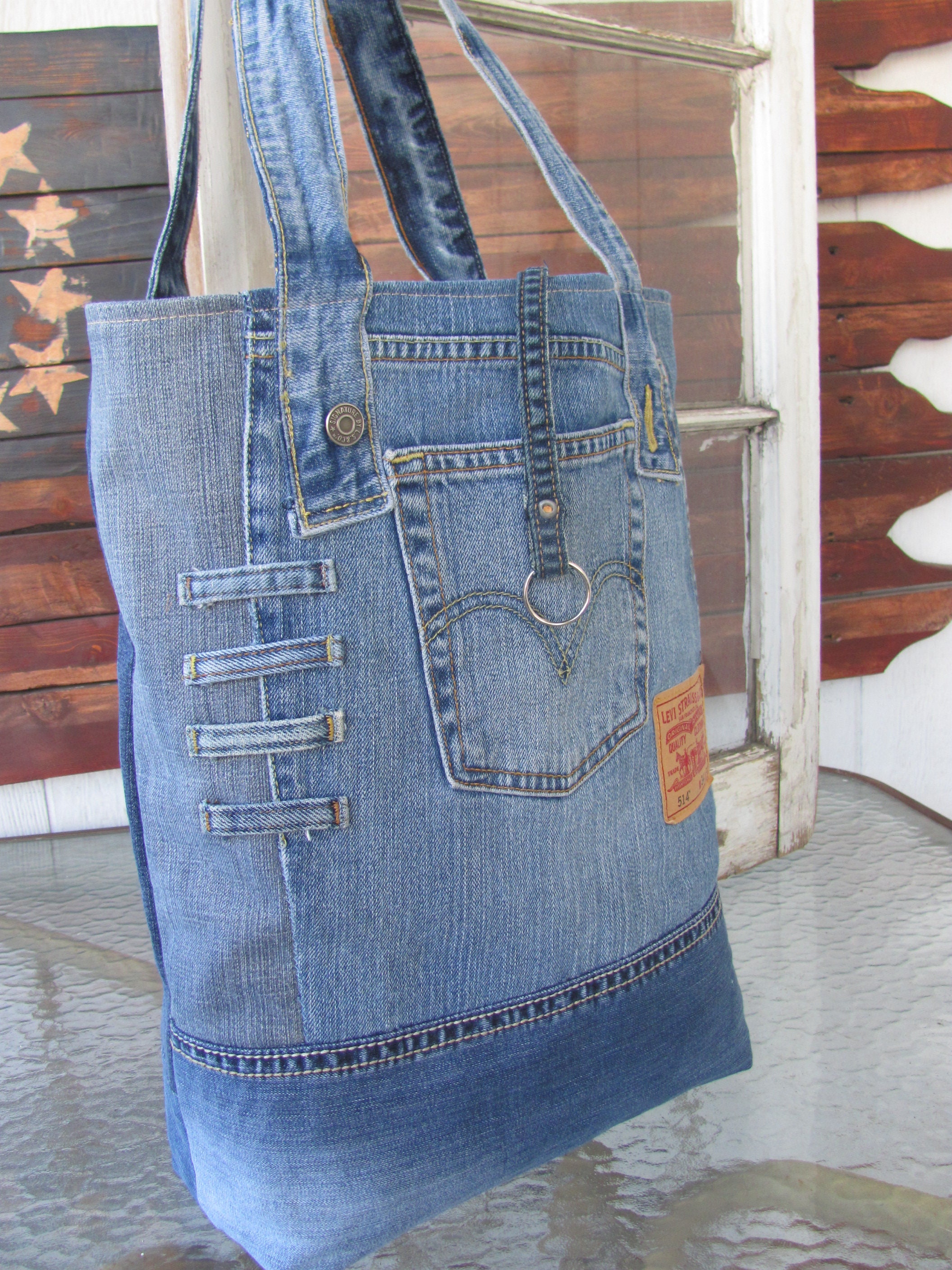 Denim Patchwork tote bag Blue Jean Shopper Shoulder purse 8 | Etsy