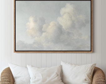 Framed Canvas Wall Art, Minimalist Sky Landscape Painting, Elegant Sky Art Print with Billowing Clouds, Soft tones Art, Bedroom Wall Decor