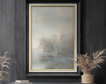 Premium Framed Art: Misty Forest Wall Art, Tranquil Nature Landscape Prints, Foggy River Reflection on Premium Canvas with 26&quot;x36&quot; Frame