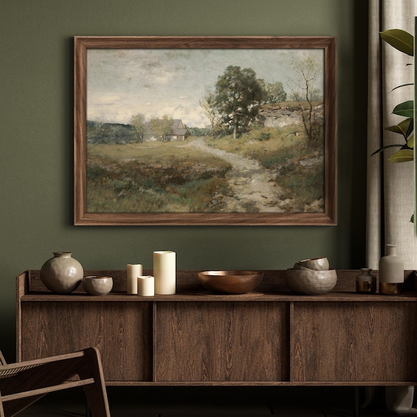 Premium Framed Vintage Countryside Landscape Wall Art 26"x36", Rustic Farmhouse Cabin Print, European Pastoral Scene Decor