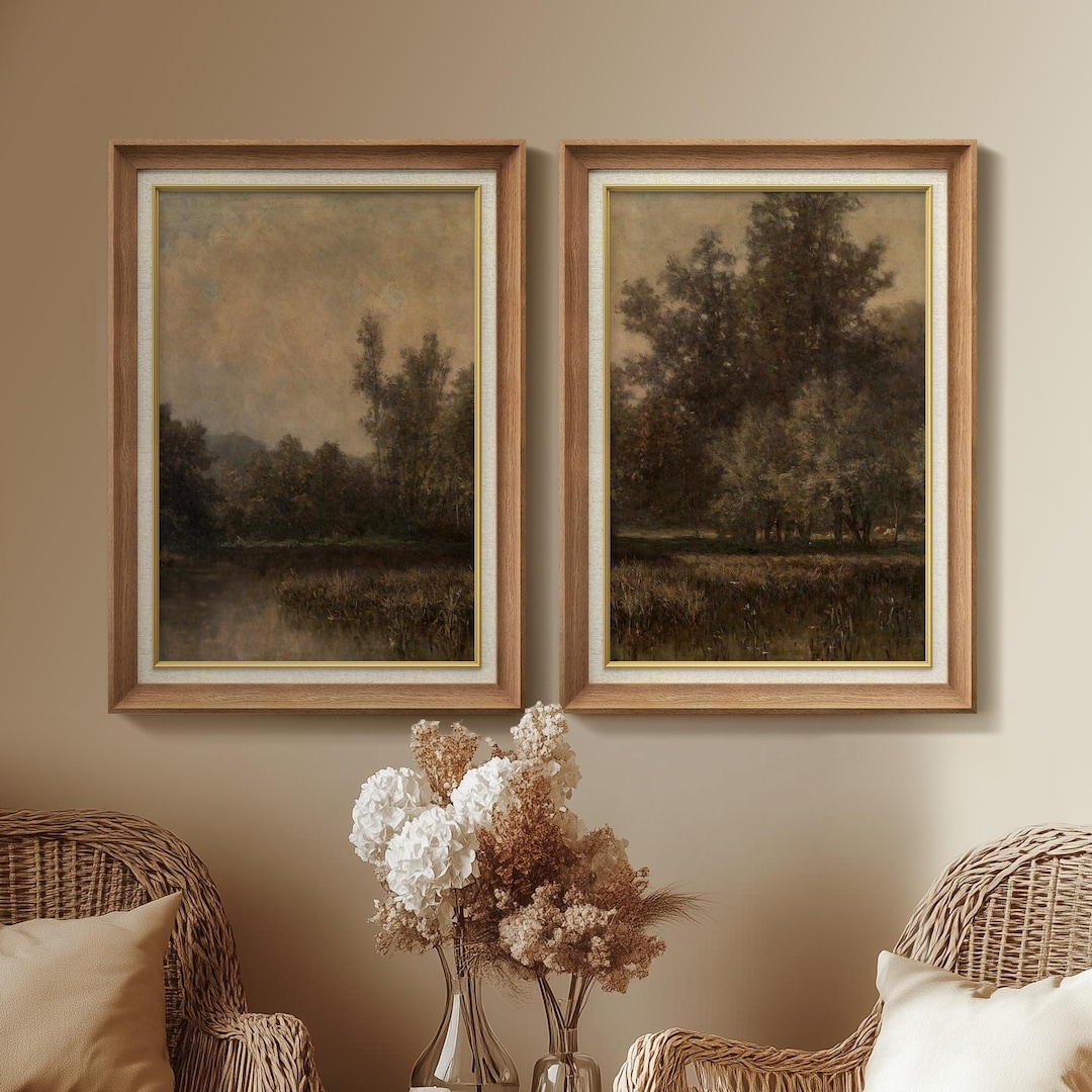 Set of 2 Premium Framed Vintage Woodland Landscape Wall Art: Classic ...