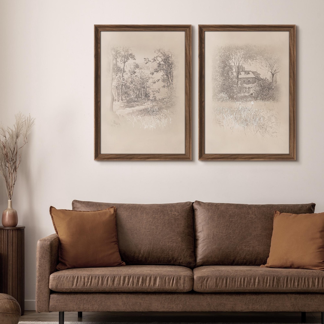 Set of 2 Premium Framed Vintage Countryside Wall Art, Neutral Cottage Landscape Prints, Rustic Farmhouse Sketch Decor - walnut frame w/ mat