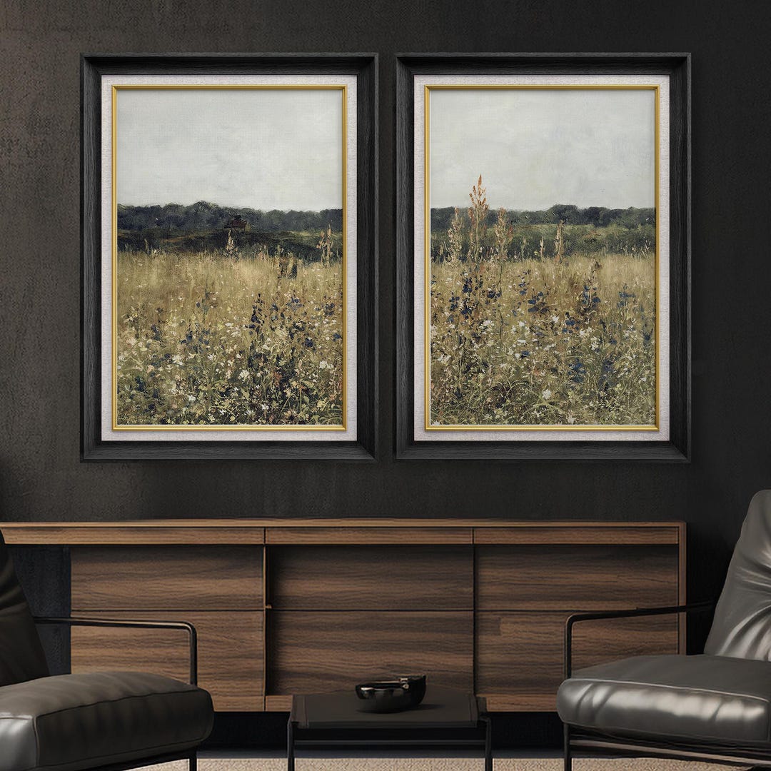 Set of 2 Premium Framed Art: Vintage Wildflower Field Oil Painting ...