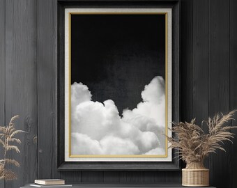 Premium Framed Art: Minimalist Soft Cloudscape Wall Art, Dark Sky and White Clouds Prints, Nature Art on Premium Canvas with 26&quot;x36&quot; Frame