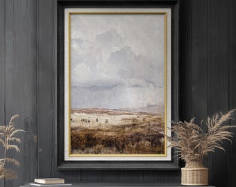 Premium Framed Art: Cloudy Sky Over Rolling Meadows, Pastoral Landscape Wall Art, Vintage Country Scene on Premium Canvas with 26&quot;x36&quot; Frame