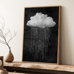 May include: Black and white illustration of a cloud with raindrops falling from it. The cloud is white and the background is black.
