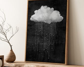 Black & White Cloud Rain Wall Art, Framed Minimalist Cloud Canvas Print, Modern Dramatic Rainfall Decor for Bathroom