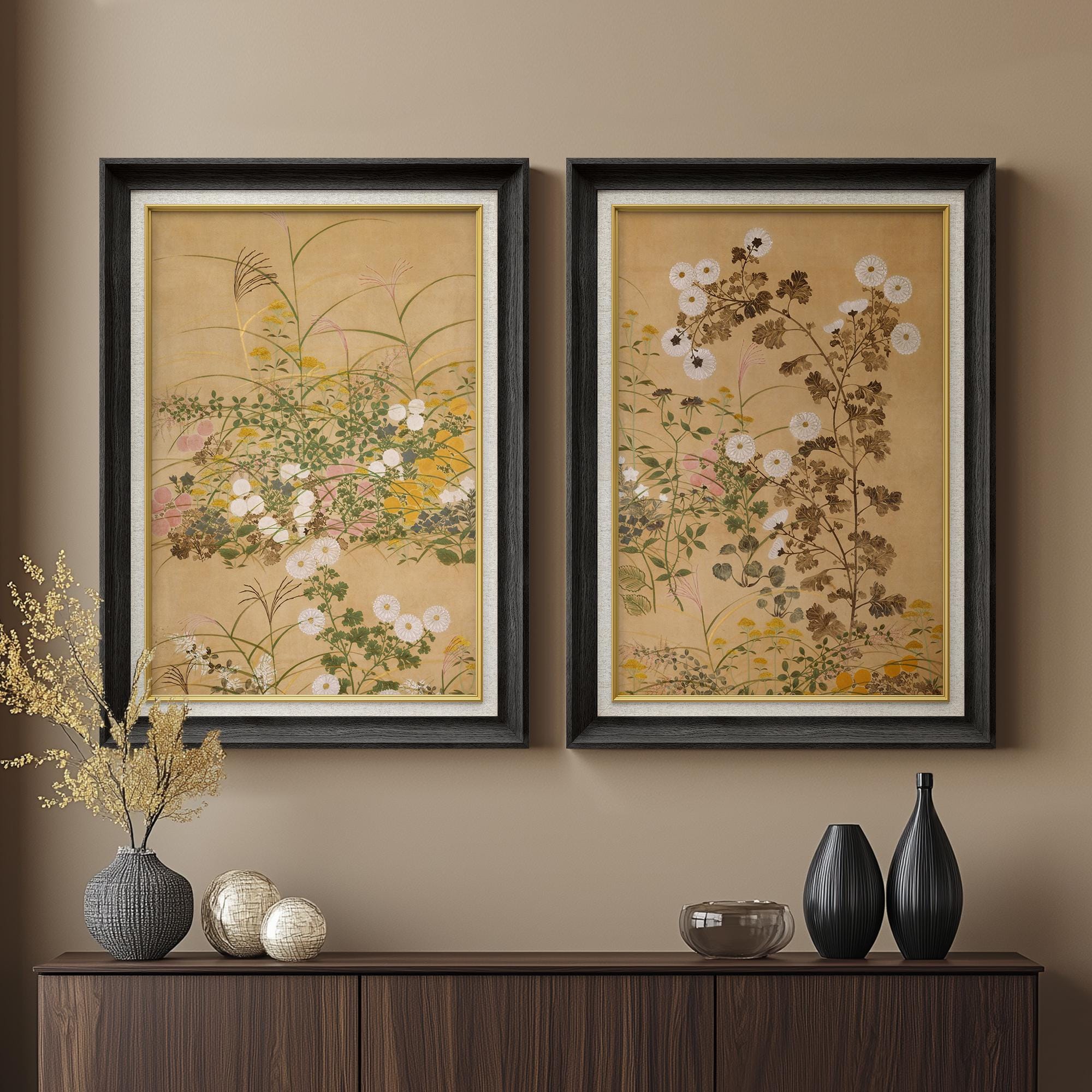 Set of 2 Premium Framed Flowering Plants in Autumn Wall Art: Vintage ...
