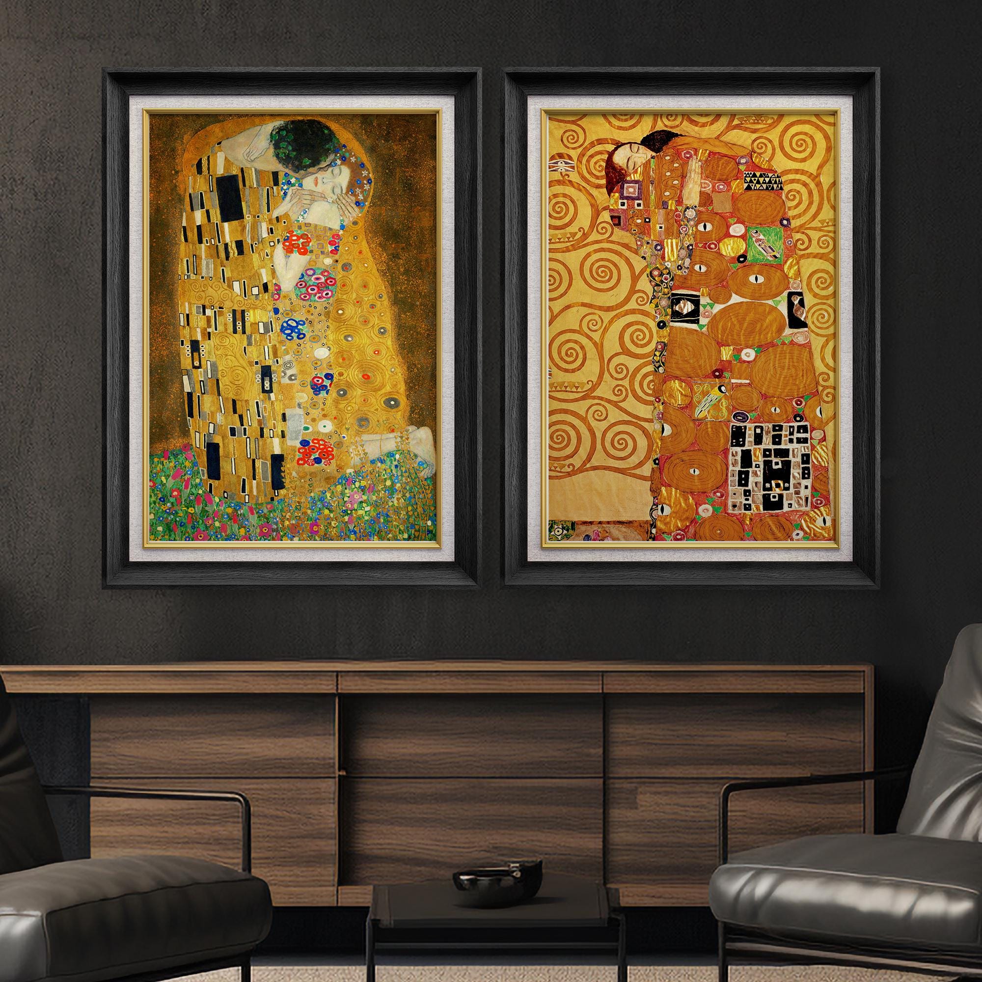 Set of 2 Premium Framed Art: Gustav Klimt Prints, The Kiss and The Embrace, Vintage Floral Couple Art on Premium Canvas with 26"x36" Frame