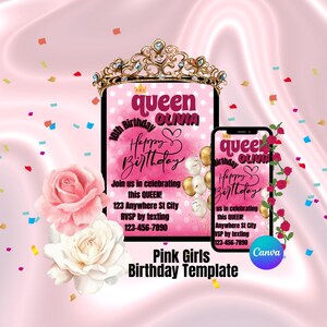 Convite de aniversário da Rainha Rosa para meninas - Modelo editável do Canva | Convite para festa de 10 anos | Cartão digital de aniversário real para meninas