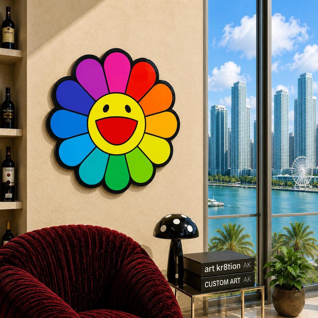 Takashi Murakami Inspired Rainbow Flower Epoxy Wall Art, Handmade