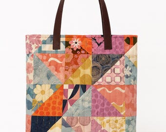 Quilted Tote Bag • Handmade Patchwork Project Bag • Leather-Strap Travel Craft Tote • Gift for Quilters and Makers