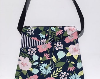 Clearance Modern Floral Cross body Bag Handbag Purse Crossbody Bag Artsy Gift Whimsical Crossbody Navy Blue Floral