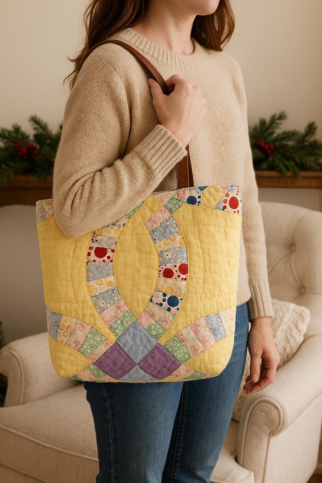 Vintage Quilt Tote Bag – Double Wedding Ring Purse • 1940s