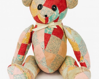 Vintage Quilt Teddy Bear • Fully Jointed 18” Patchwork Bear • 1930s–40s Antique Quilt Toy • Cottagecore Christmas Decor • Handmade Gift