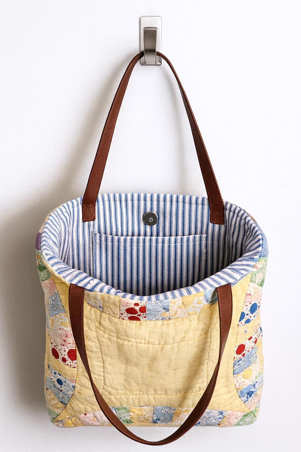 Vintage Quilt Tote Bag – Double Wedding Ring Purse • 1940s