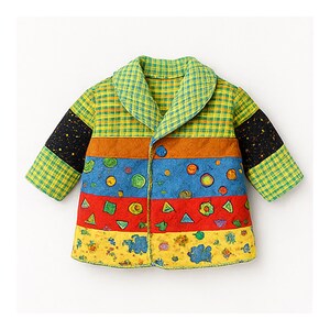 May include: A colorful patchwork jacket with a playful design. The jacket features a yellow and green plaid collar and sleeves, with black starry accents. The body of the jacket is striped with orange, blue, red, and yellow panels, adorned with whimsical shapes.