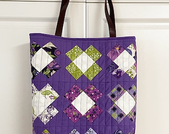Purple Floral Bag Quilted Tote Bag Project Bag Handbag Purse Poisies Fabric Tote Handmade Gift for Quilter Quilted Bag Sewing Bag