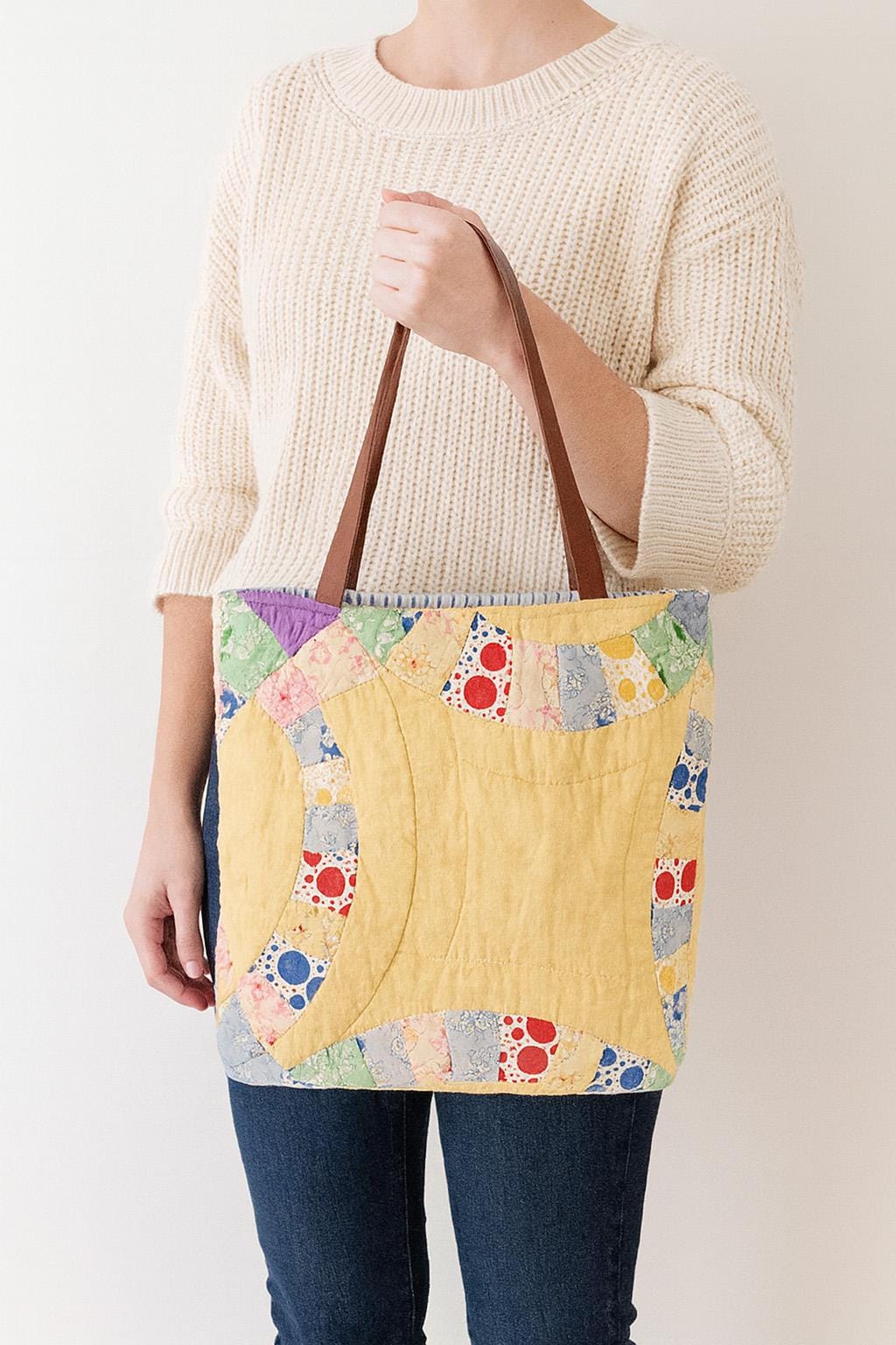 Vintage Quilt Tote Bag – Double Wedding Ring Purse • 1940s
