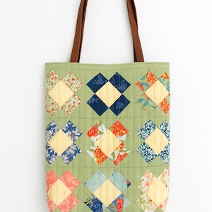 Handmade Quilted Tote Bag, Garden Society Fabric, Leather Handles