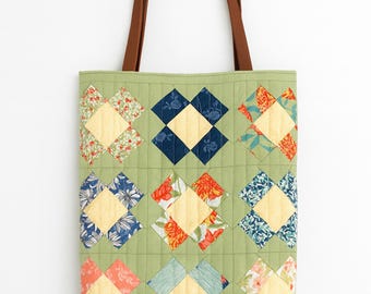 Handmade Quilted Tote Bag, Garden Society Fabric, Leather Handles