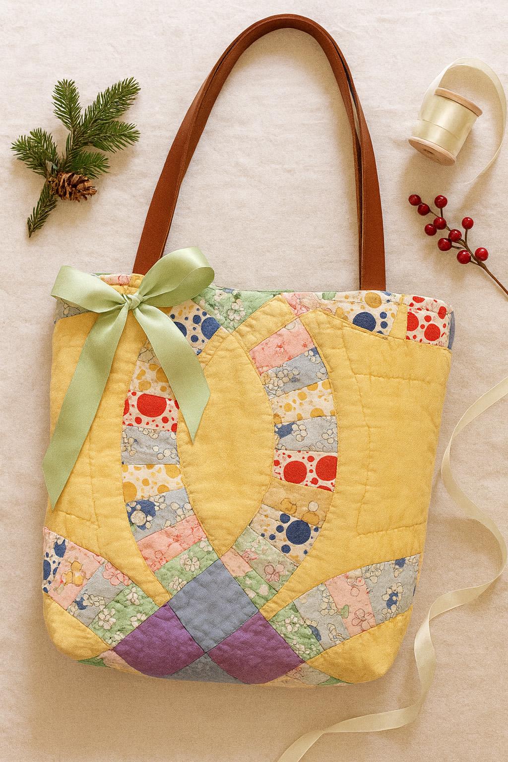 Vintage Quilt Tote Bag – Double Wedding Ring Purse • 1940s