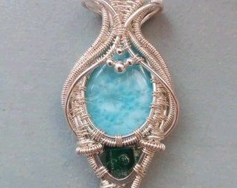 Larimar Dioptase Sterling Silver Wire Wrap Pendant, Handmade
