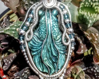 Carved Labradorite Fish Pendant, Topaz, Sterling Silver Wire Wrap