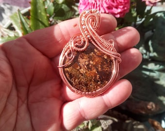 Handmade Bronzite Copper Wire Wrap Pendant, Sacred Shield, Leo Zodiac