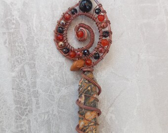 Sacred Spiral Leopardskin Jasper Copper Wire Wrap Pendant, Onyx Carnelian Dream Catcher