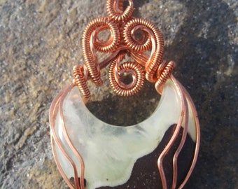 Prehnite Crescent Moon Copper Wire Wrap Pendant, Handmade