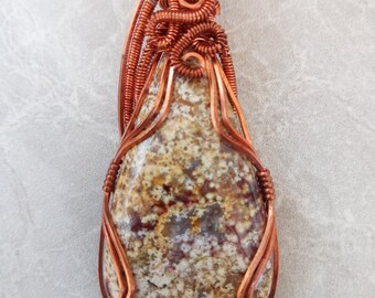 Ocean Jasper Copper Wire Wrapped Pendant, Handmade